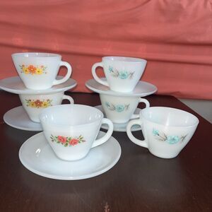 11pc ANCHOR HOCKING FIRE KING  CUPS & SAUCERS Boutonnière Tea Rose Bonnie Blue